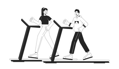 Poster - Active people on treadmills flat line black white vector characters. Editable outline full body sportsmen. Sport in gym simple cartoon isolated spot illustration for web graphic design