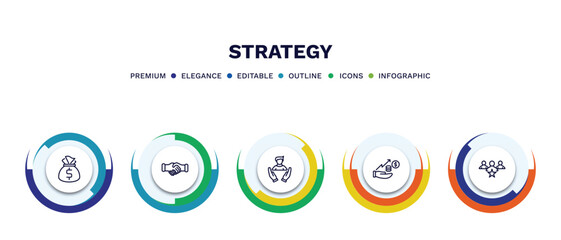 Wall Mural - set of strategy thin line icons. strategy outline icons with infographic template. linear icons such as money bag, handshake, human resources, investment, leader vector.