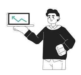 Poster - Cheerful successful man monochrome flat vector object. Financial operation, arrow up diagram Editable black and white thin line icon. Simple cartoon clip art spot illustration for web graphic design