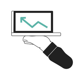 Fototapete - Hand show laptop monochrome flat vector object. Financial chart with arrow on screen. Editable black and white thin line icon. Simple cartoon clip art spot illustration for web graphic design