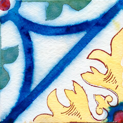 Fototapete - Watercolor illustration of portuguese ceramic tiles pattern