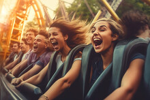 Young Friends Embracing Thrills On A Roller Coaster. Generative AI