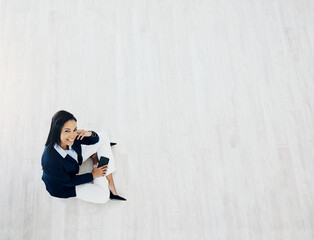 Aufkleber - Happy business woman, mockup space and above for communication or networking at the office. Portrait of female person or employee smile with mobile smartphone app for social media at the workplace