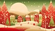 Elegant christmas scene red, green, beige, with village and houses, trees and lots of snow	
