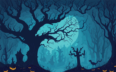 Canvas Print - vector background image that combines the beauty of nature with spooky halloween elements, using int