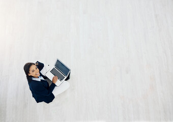 Aufkleber - Laptop, floor and business woman planning, copywriting and online social media in startup career and mockup. Portrait, website and professional writer, editor or person on computer for research above