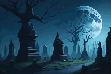 Canvas Print - a gothic graveyard shrouded in mist, with weathered tombstones and gnarled trees. a full moon casts 