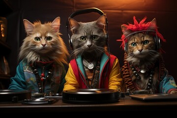 Wall Mural - Fur - Tified Beats: Witness a pet revolution as a rebellious dog, cat, and parrot form a rap trio, dropping bars with a surreal backdrop of floating turntables illustration generative ai