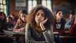 © annebel146 - Education And Learning Concept. Portrait of tired and bored student sitting at desk in classroom at school, dreaming and thinking, looking away at window, resting head on hand. Female teenager