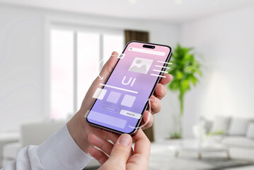 Poster - Concept of using a mobile app. Complicated or simple user interface. App elements fly over mobile phone display