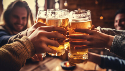 Top view of friends cheering with home brew in pub bar restaurant - Young people hands toasting and beers half pint - Party concept - Warm filter - Focus on bottom hands glasses multi ethnic