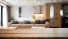 Modern Living Room With Table Room With A Table, Wood Table With Blurred Modern Apartment Interior Background, Modern Living Room With Empty Wooden Tabletop With Blurred Living Room, Ai Generated