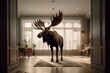 a huge elk stands in the middle of a modern interior, lifestyle conceptual illustration, ai tools generated image