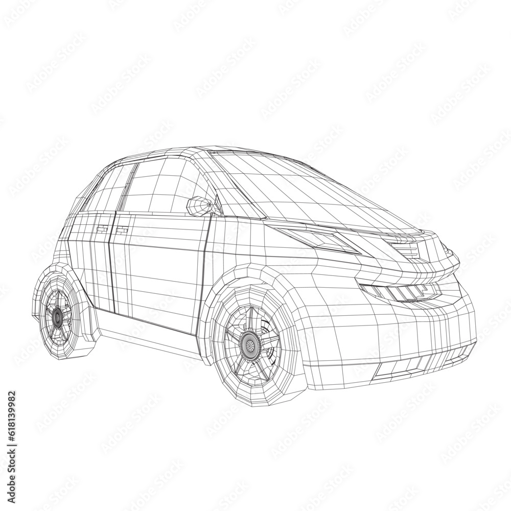 Simple Car Reference Vector illustration of wireframe small car. City car blueprint. Blank ...