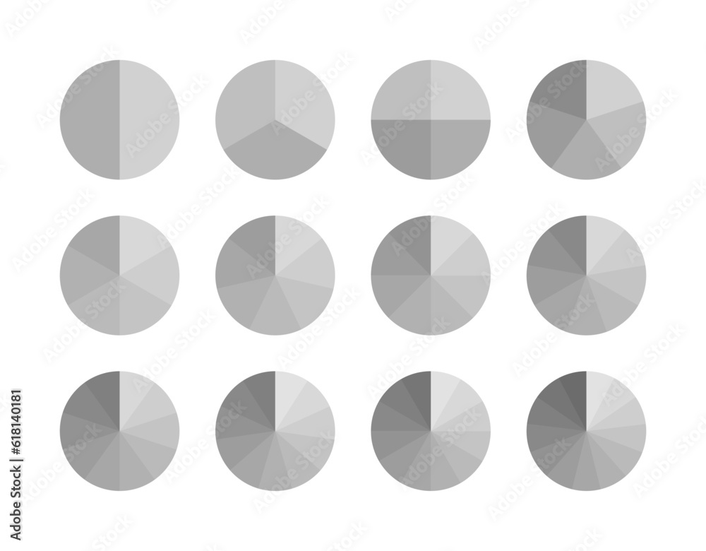 Piechart with segments and slices in shades of gray colors. Circular ...