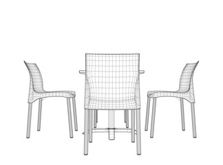 Wireframe Modern round table with chairs. Vector illustration. Hand drawn vector line art sketch of a dining table with chairs. 3D.