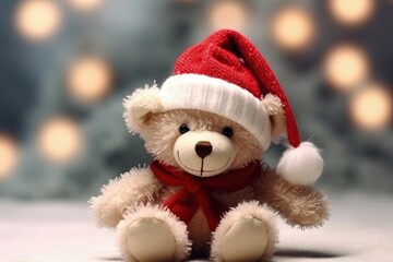 Teddy bear with Santa Claus hat, christmas holiday concept. Generative AI