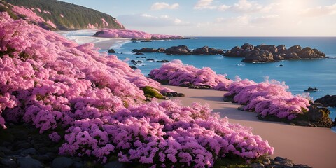 Wall Mural - Landscape with pink flowers, rocks, beach and beautiful turquoise sea water.