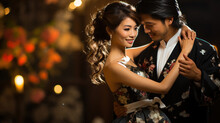Beautiful Asian Couple In Traditional Japanese Kimono In Wedding Dance. Generative AI.