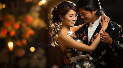 Beautiful asian couple in traditional japanese kimono in wedding dance. Generative AI.