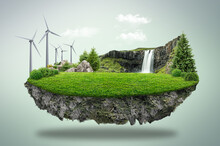 Country Road And Green Trees In Summer. 3d Illustration Of A Piece Of Green Land With Wind Turbine Isolated, Creative Travel And Tourism Off-road Design. Solar Energy Advertising.