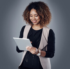 Poster - Online communication, businesswoman with tablet and against a studio background for accounting. Technology or connectivity, finance and woman accountant happy for financial report or data review