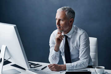 Poster - Thinking, office and business man on computer for online project, internet and browse website at desk. Technology, corporate worker and mature male person on pc for research, email and planning