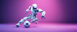 Portrait of a robot playing football or soccer. Blurred pink and purple background.