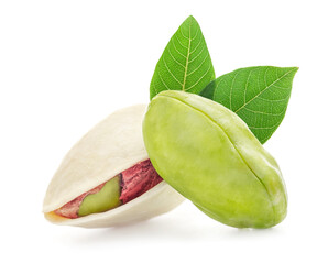 Wall Mural - Pistachios nuts with leaf isolated on white