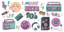 Set Of Musical Elements In Retro Style Of 90s, 80s, 70s. Hand Drawn Musical Cartoon Template With Slogans About Music. Clipart. Vector Illustration For Nostalgia Musical Party, Advertising Poster