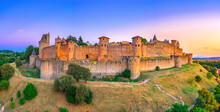Medieval Castle Town Of Carcassone At Sunset, France