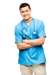 Poster - Portrait, nurse and happy man with arms crossed in studio isolated on white background mockup. Confidence, medical professional and Asian surgeon, doctor or physician from Japan ready for healthcare.