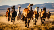 A Group Of Wild Horses Galloping Across An Open Field