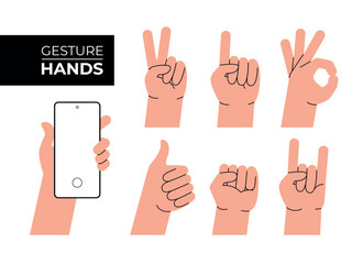 Wall Mural - Seven different gestures of hands. Flat vector minimalist illustrations of body parts