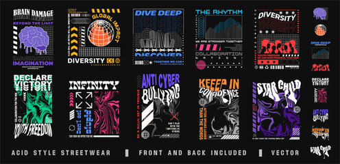 streetwear t-shirt designs bundle, acid style t-shirt artwork vector collection, urban graphics tee 