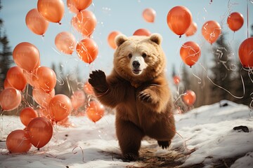 Hilarious Bear - balloon Ballet: Witness a whimsical bear gracefully pirouetting in the sky, entangled in a string of colorful balloons, creating a comical dance of levity illustration generative ai