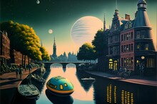 Airbrush Illustration Photorealistic 1970s Amsterdam Canals On A Space Planet 