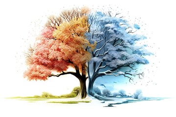 Wall Mural - drawing of a tree in winter and summer. change of seasons isolated on white background. Generated by AI.