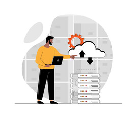 Wall Mural - Cloud data center. Cloud storage technology. Man support work of servers and hosting in hardware room. Illustration with people scene in flat design for website and mobile development.