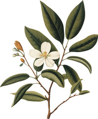 Orange tree branch with blossoms isolated on transparent background, old botanical illustration