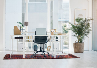Aufkleber - Empty office, workspace or interior of room for studying, working or desk of manager and ceo in startup. Table, chair and desktop in workplace or space of business, building and professional company
