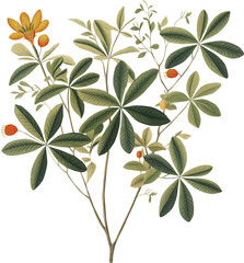 Tree branch with blossoms isolated on transparent background, old botanical illustration