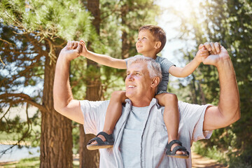 Poster - Happy grandfather, child and back ride in forest for journey or family bonding together outdoors. Grandpa smile carrying kid in piggyback for holiday adventure, travel or trip in nature or woods