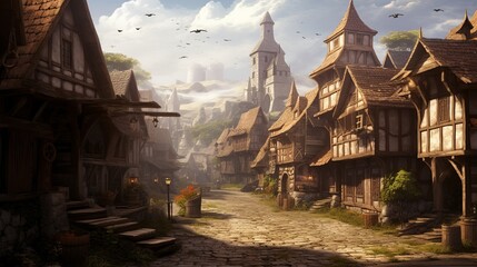 Wall Mural - Whimsical Medieval Village: Fantasy Illustration - Generative AI