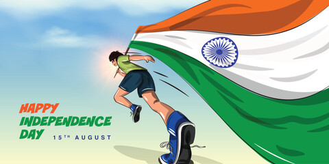 Vector illustration of independence day of india. young boy running with indian flag. 