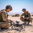 soldiers working with drone at a warzone