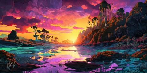 Wall Mural - a picture depicting the setting sun over a body of water