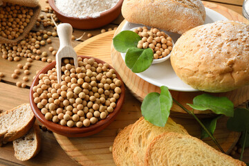 Wall Mural - Bread made with soy flour on rustic table elevated view