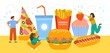 Cute people eat fast food. Cartoon flat men and women with large pizza, burger, hot dog and cupcake, unhealthy products, vector illustration