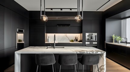 A modern and chic luxury contemporary villa kitchen that boasts a striking black and white color scheme. The glossy black cabinets